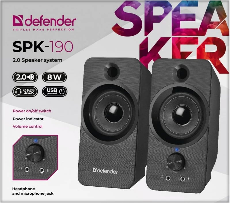 Bokse DEFENDER SPK-190 2.0 8W USB, të zeza