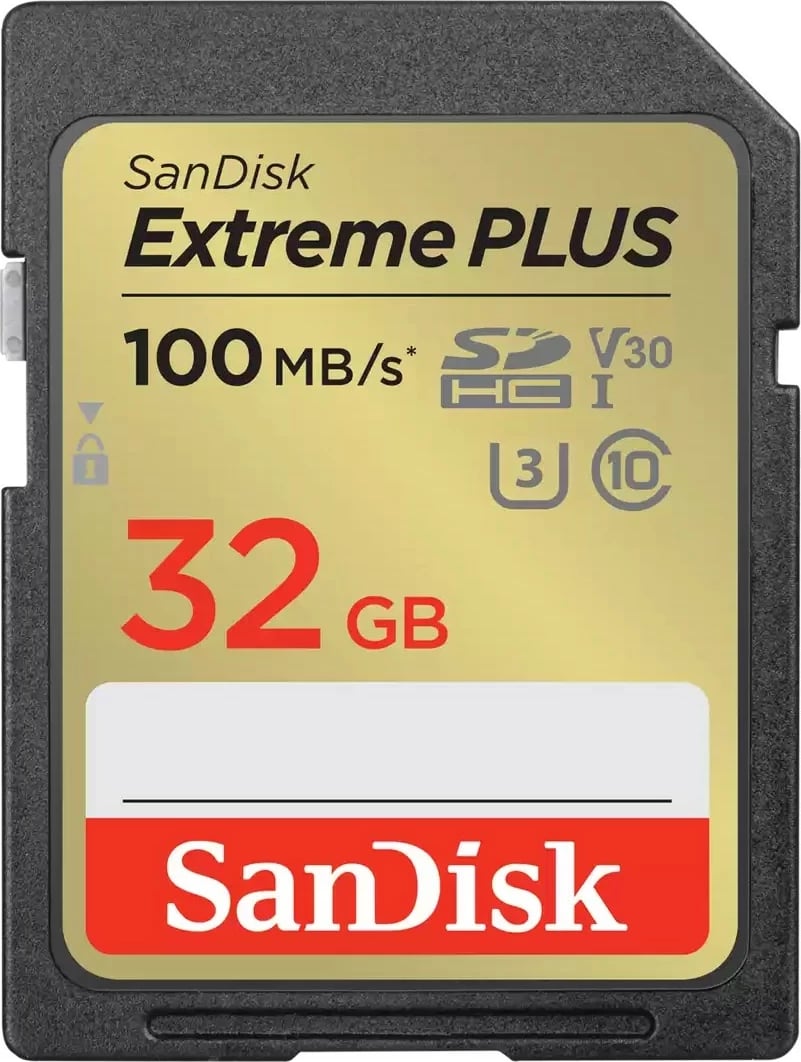 Kartelë SD Sandisk Extreme PLUS 32GB, SDHC, Class 10, U3, 100MB/s, e zezë/artë
