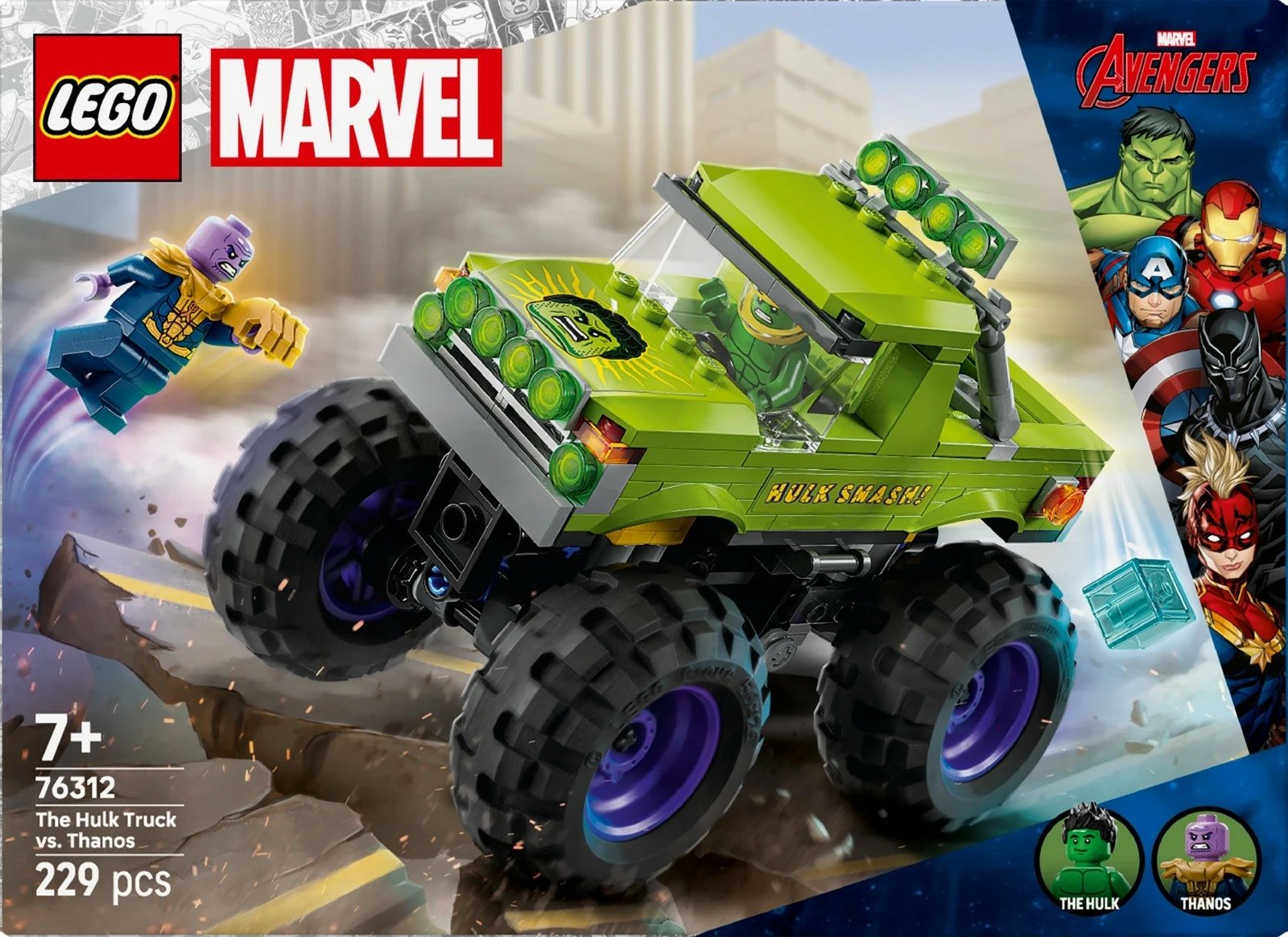 Set ndërtimi LEGO Marvel Super Heroes 76312, Monster Truck Hulk vs Thanos, 229 pjesë, Jeshile