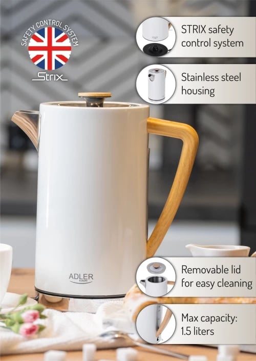 Zierëse uji, Adler, AD 1347, 1.7 L, 1850-2200 W, çelik inox, STRIX, e bardhë