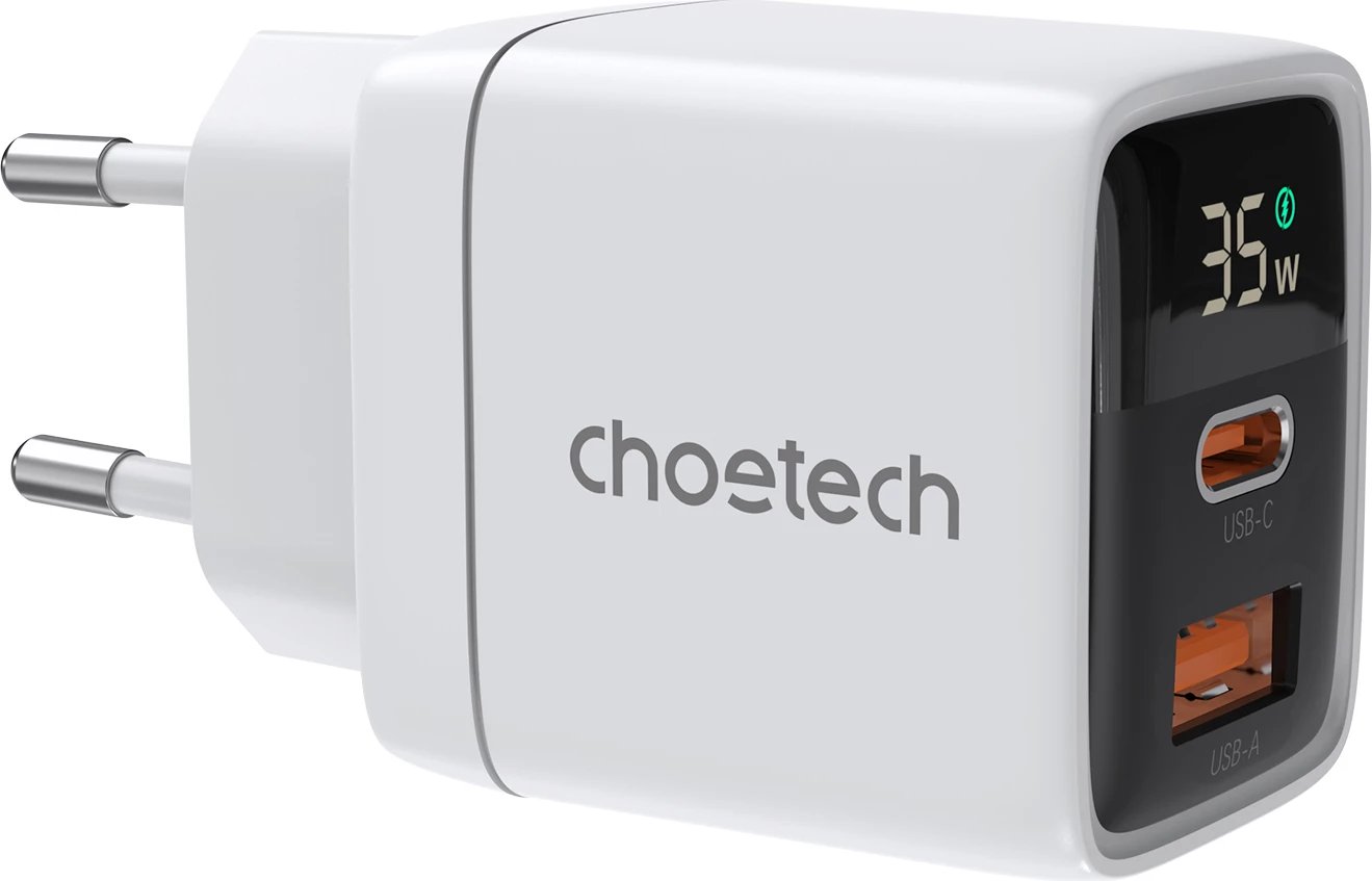 Karikues muri Choetech PD6052, 35W, USB-C & USB-A, me ekran, i bardhë
