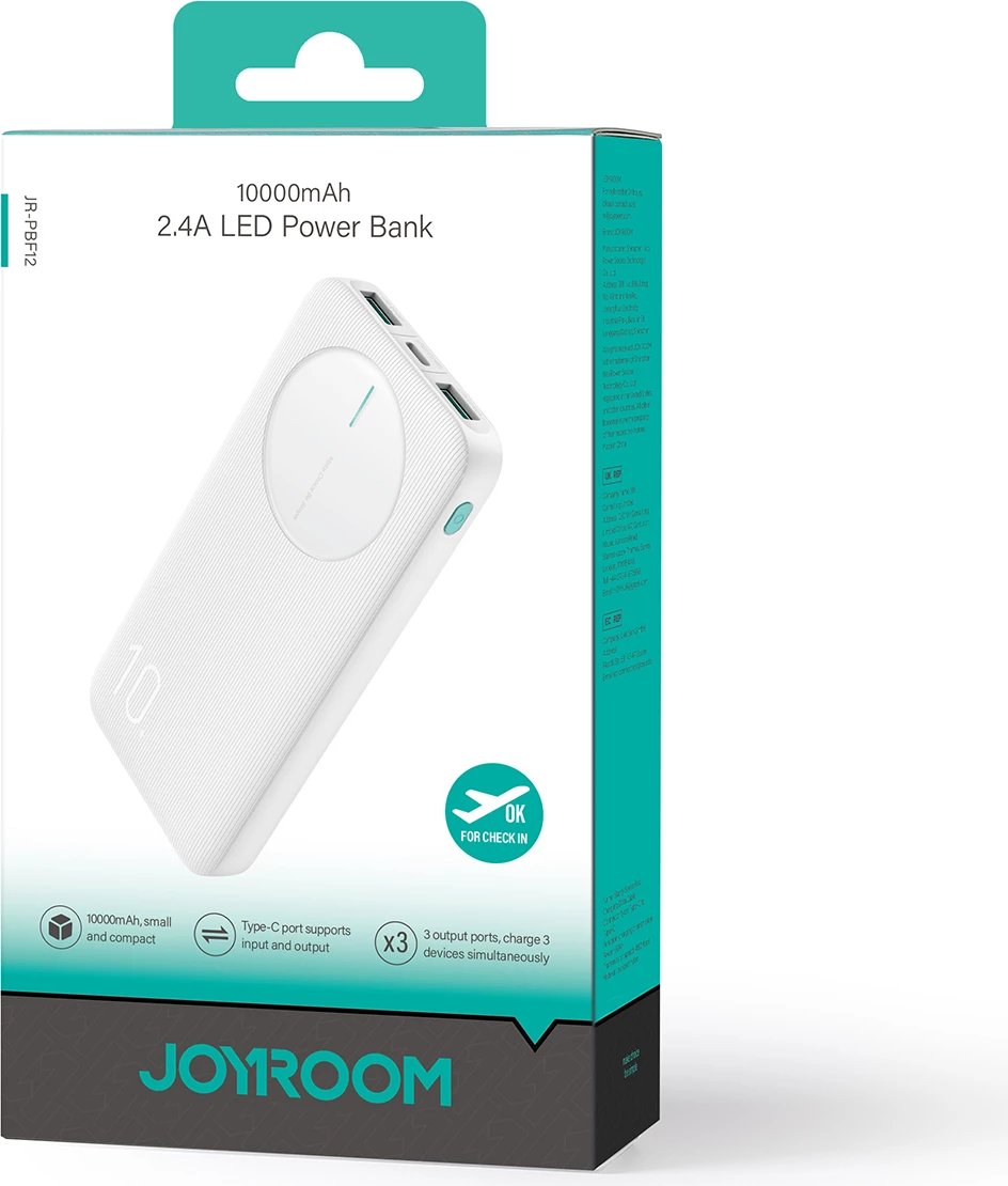 Powerbank Joyroom JR-PBF12, 10000mAh, 3 porta, i bardhë