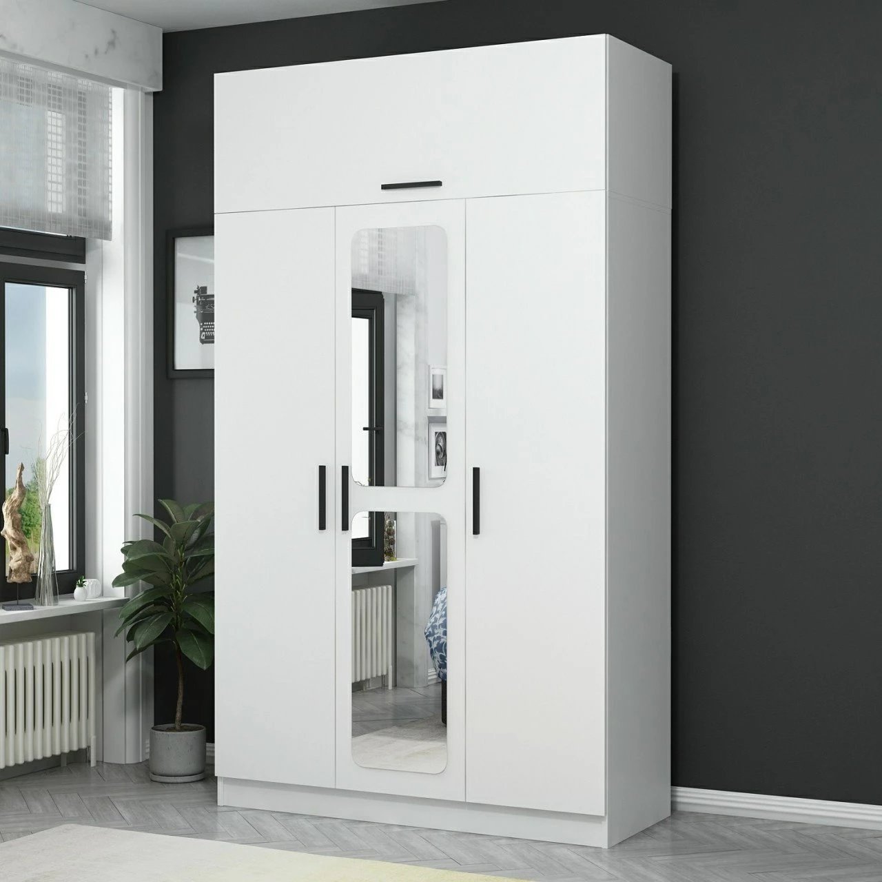 Dollap Hanah Home, Kale 3 kapakë me pasqyrë, i bardhë, 135x52x235cm