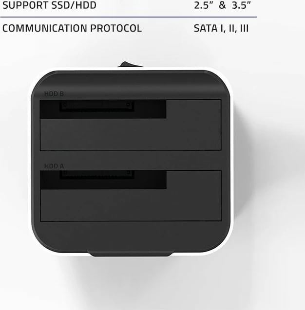 Stacion dokimi Qoltec 50309 për HDD/SSD 2.5"/3.5", USB 3.0, funksion klonimi, zi/bardhë