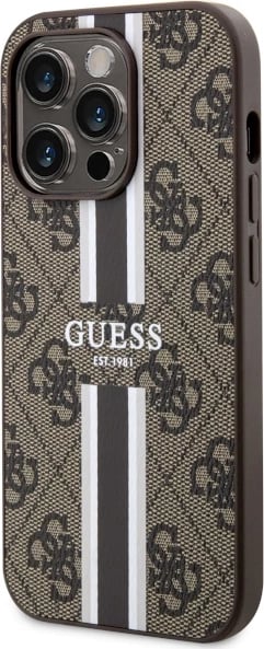 Mbështjellës Guess GUHMP14LP4RPSW për iPhone 14 Pro 6.1", 4G Printed Stripes MagSafe, Kafe