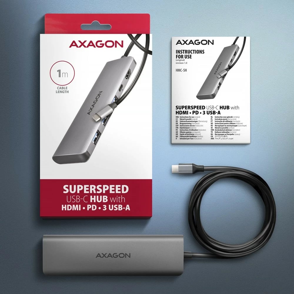 Hub USB-C AXAGON HMC-5H 5-në-1, 3x USB-A, HDMI 4K, Power Delivery 100W, 100cm, Gri