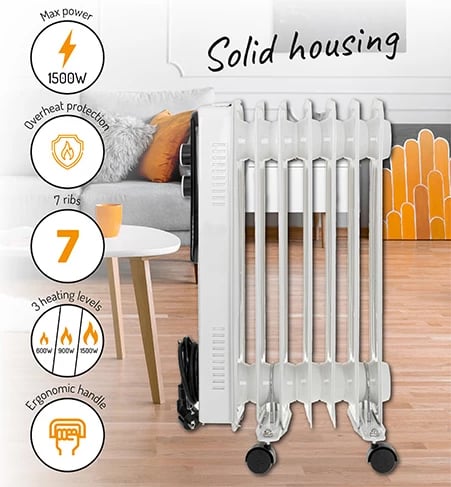 Radiator me vaj, Adler, 7815, 1500W, 7 brinjë, 3 nivele ngrohjeje, i bardhë