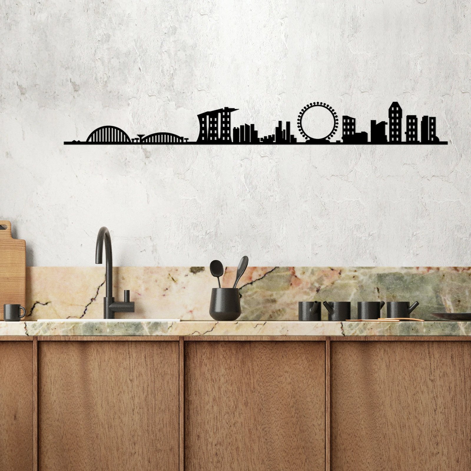 Aksesor dekorativ metalik për mur, skyline i Singaporit, Wallity