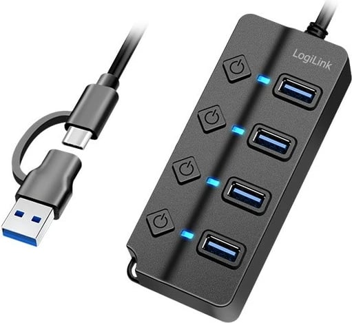 USB hub LogiLink UA0419, 4x USB-A, Gen1, me 4 ndezës individual, e zezë