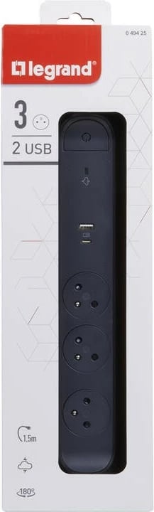 Zgjatues Legrand 049425, 3 prizë, 2 USB (USB-A/USB-C), 1.5m, i zi