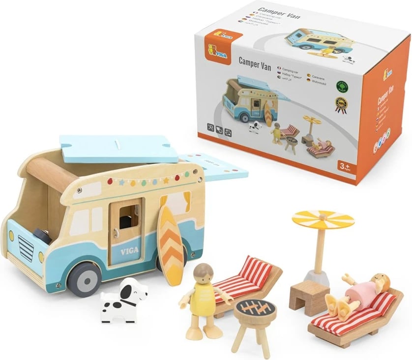 Kamper prej druri, Viga, Wooden Camper, me 2 figurina dhe aksesorë, 19 x 15 x 11.8 cm, për moshat 3+, shumëngjyrësh