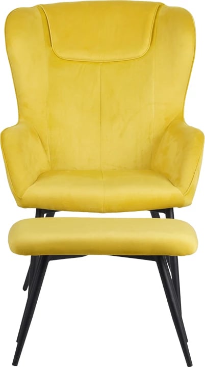 Karrige me mbështetëse për këmbë Rueda kadife ngjyrë e verdhë me këmbë metali të zezë 71.5x66.5x99cm