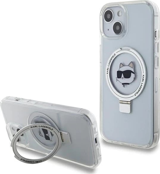 Mbështjellës Karl Lagerfeld KLHMP15SHMRSCHH për iPhone 15 6.1", me unazë Ring Stand, MagSafe, Bardhë