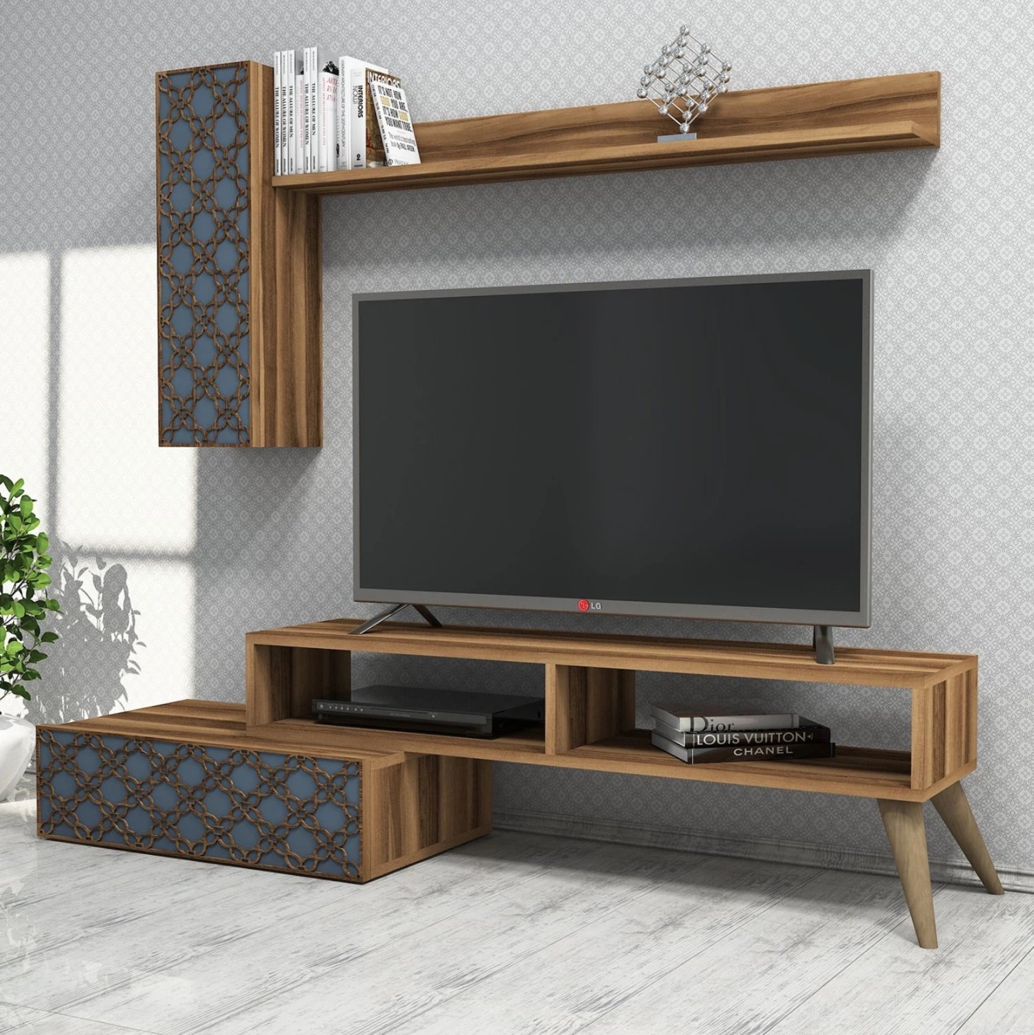 Set mobiljesh TV, ngjyrë arre dhe kaltër qielli, FH9518.01, 150x37.2x37.8cm