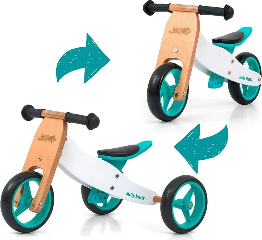 biçikletë balancuese/triçikletë druri 2‑në‑1, Milly Mally, JAKE Classic, rrota 7", ulëse e rregullueshme, 18–36 muaj, max 25 kg, mint