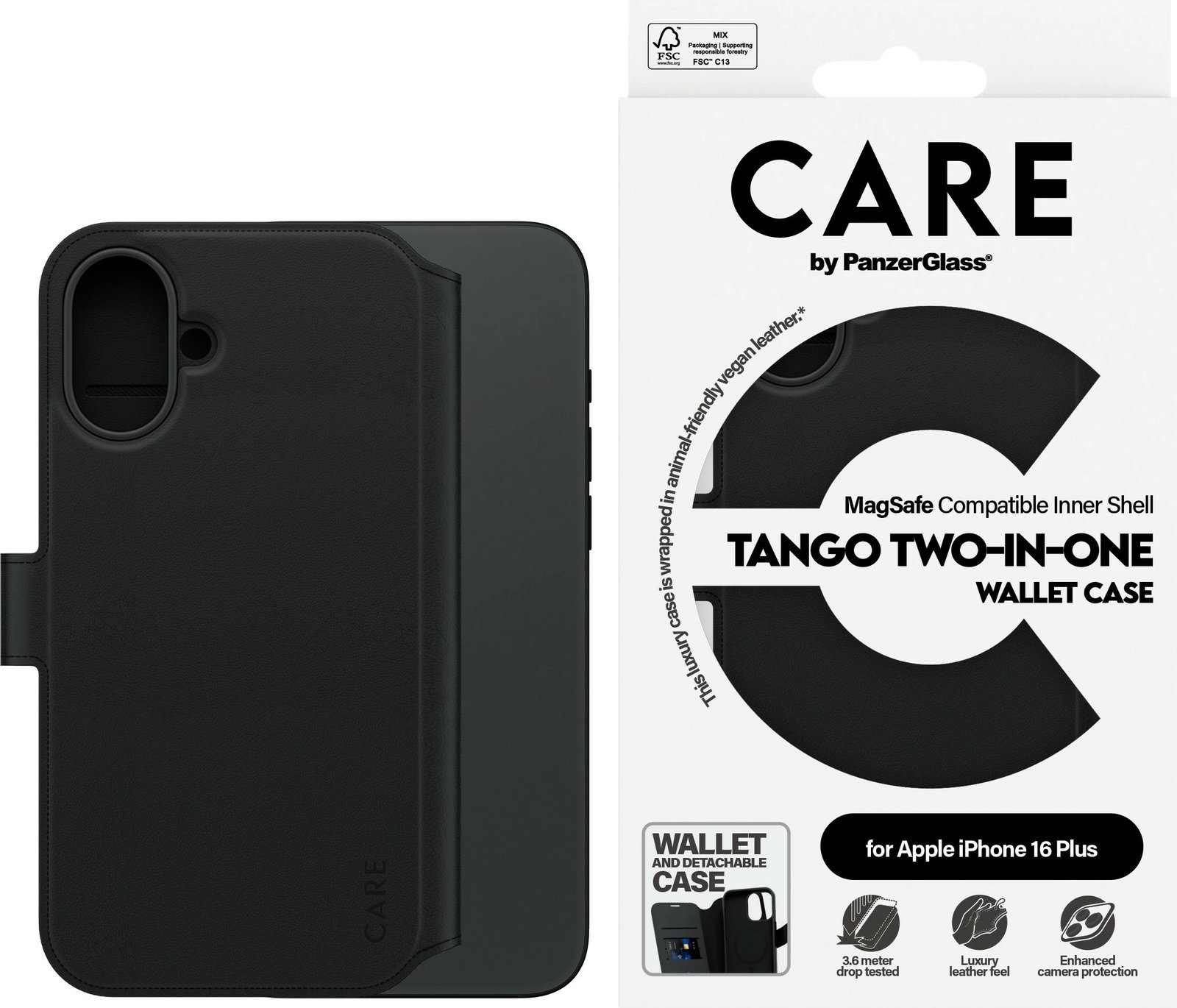 Mbështjellës PanzerGlass CARE Case Feature Tango 2-in-1 për iPhone 16 Plus, i zi