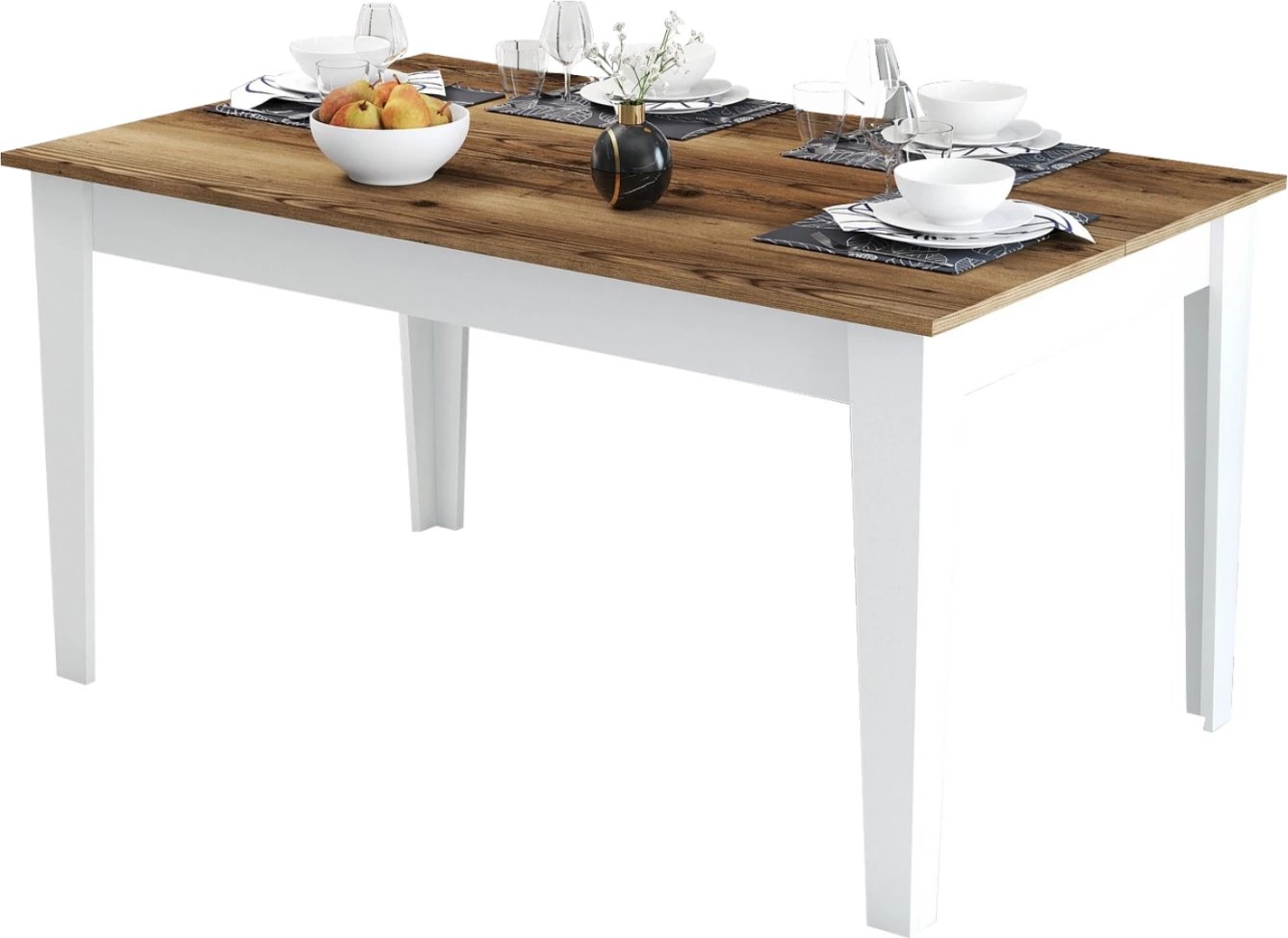 Tavolinë ngrënie standarde, FH9507.07, melaminë, ngjyrë e bardhë-dru arre, me hapësirë ruajtjeje, 145x88x75H cm