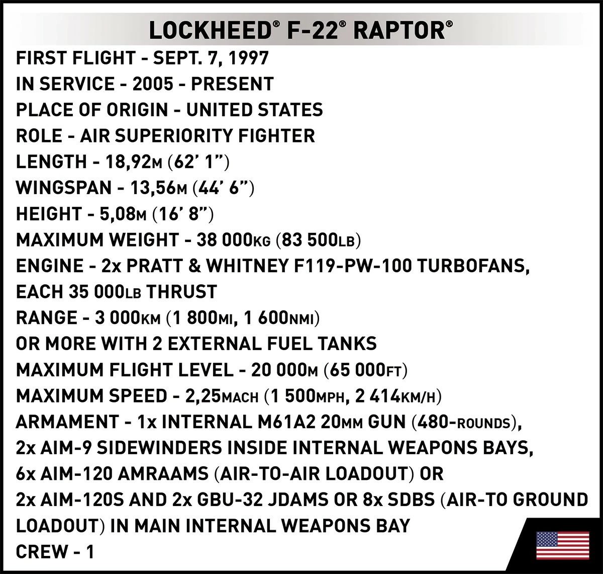Set lodrash ndërtimi Cobi Klocki Armed Forces Lockheed F-22 Raptor, 695 pjesë, gri/zezë