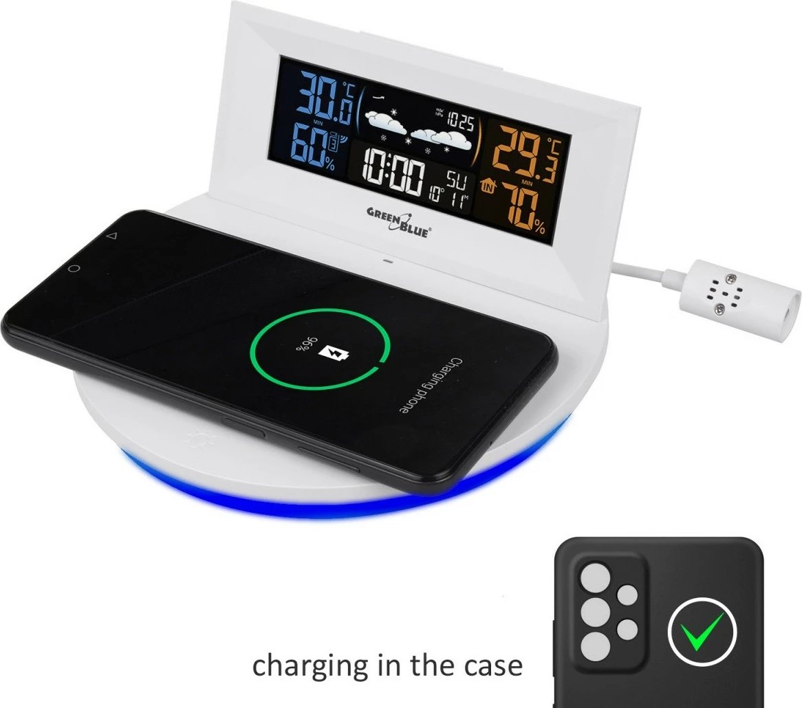 Stacion moti pa tela me karikues Qi, GreenBlue GB213, ekran LCD me ngjyra, sensor i jashtëm 60 m, portë USB, i bardhë