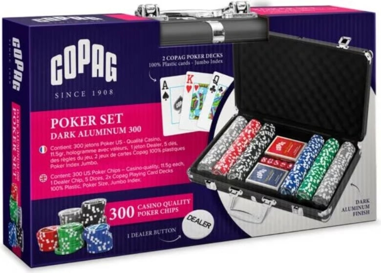 Set poker Cartamundi 300 çipa, me kuti metalike, shumëngjyrëshe