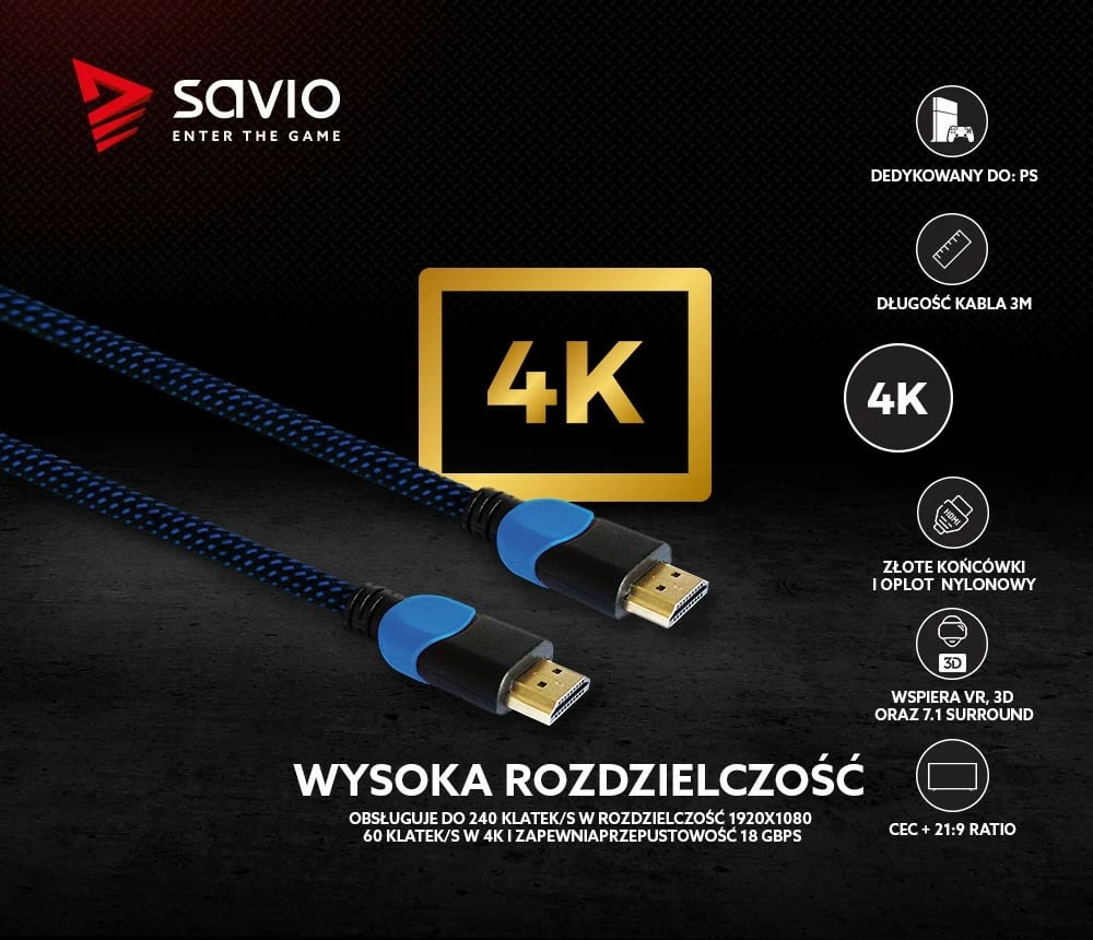 Kabllo HDMI Savio GCL-05, 3m, 2.0, Najlon, Zezë/Blu