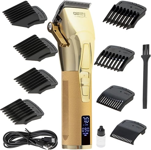 Makinë qethëse, Camry, CR 2835, LCD, teh qeramik me veshje titaniumi, 2 shpejtësi 6000/7000 rpm, bateri 2000 mAh deri 180 min, USB-C, ari, set me 8 krehra