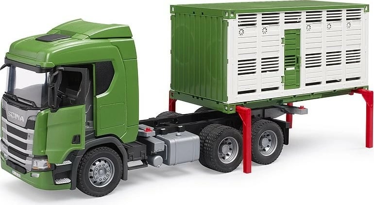 Kamion lodër transport bagëtish, BRUDER Scania Super 560R BR-03548 1:16, me figurë lope, jeshile/bardhë, set