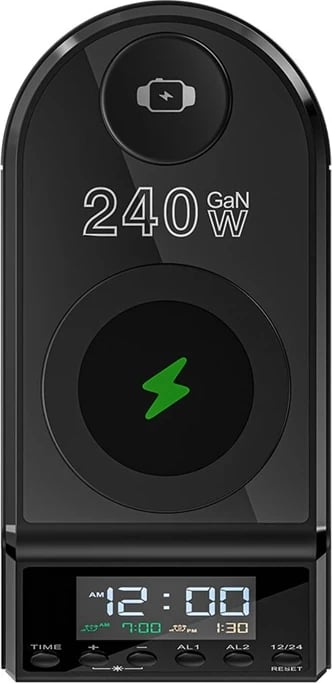 Orë alarmi me karikues 10‑në‑1, BlitzWolf BW-FW10, 4x USB-C + 2x USB-A, 2 karikim pa tela (telefon 15W + smartwatch 5W), PD 3.1 deri 240W, e zezë