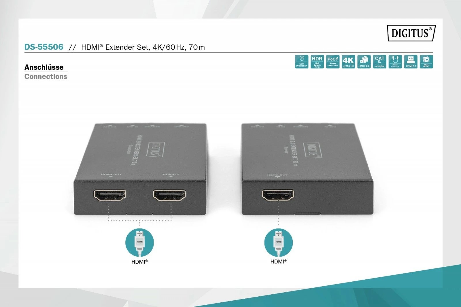 Set zgjatues HDMI Digitus DS-55506, 70m, PoC, 4K 60Hz, i zi