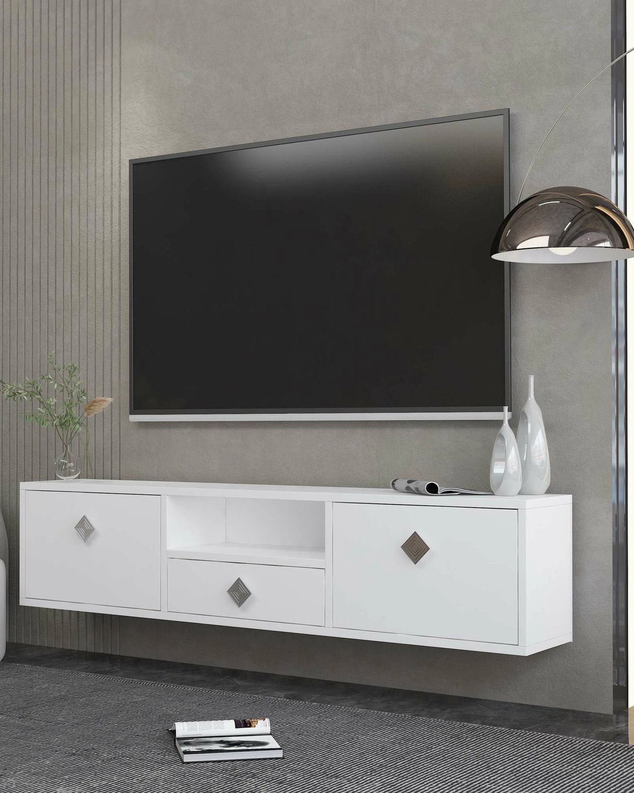 Komodë TV Skye Decor, e bardhë, argjend, 1305-DROP-1