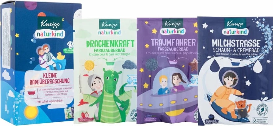 Set për banjë për fëmijë Kneipp Bath Salt Dragon Power, Bath Salt Dream Driver, Bubble Bath Milky Way 40g+40g+40ml