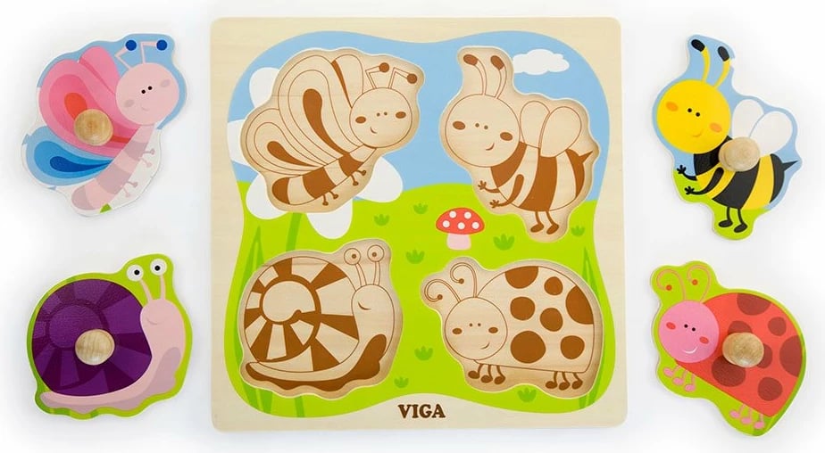 Puzzle druri me kunja, Viga, Insect Peg, 4 copa, 225x225 mm, shumëngjyrësh