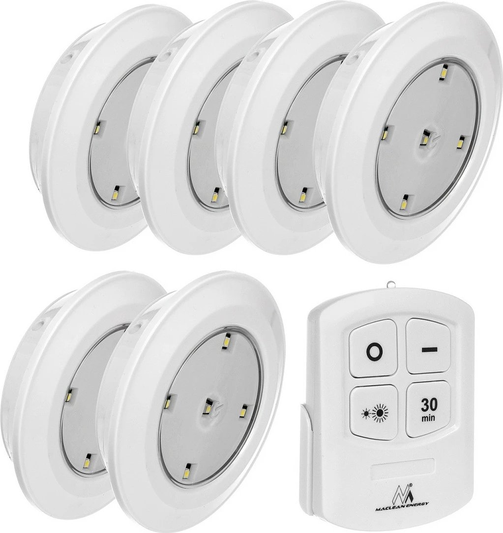 Set llambash LED me telekomandë, Maclean MCE165, rregullim ndriçimi dhe timer 30 min, me bateri 3xAAA, e bardhë, set 6 copë