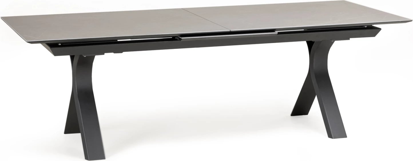 Tavolinë ngrënieje e zgjerueshme Andromeda, alumin, sipërfaqe prej guri të sinterizuar, ngjyrë gri, 180-240x100x76.5cm