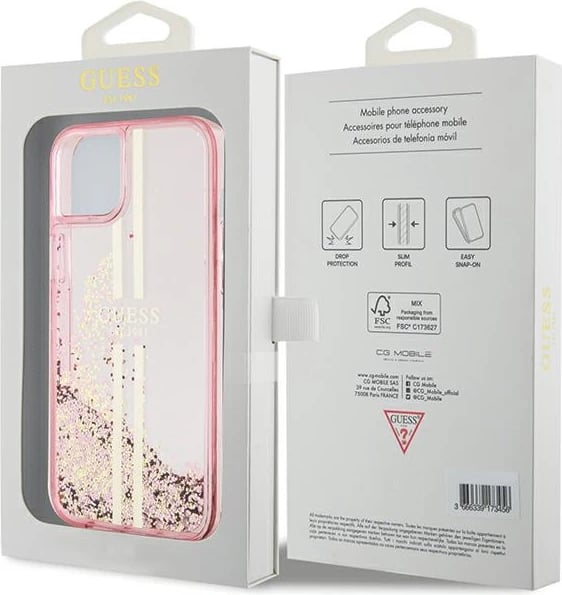 Mbështjellës Guess Liquid Glitter Gold Stripes për iPhone 15 Plus / 14 Plus, Rozë