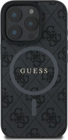 Mbështjellës, Guess, 4G Ring Classic Logo MagSafe, për iPhone 16 Pro 6.3", TPU/PC lëkurë eko, me MagSafe, i zi