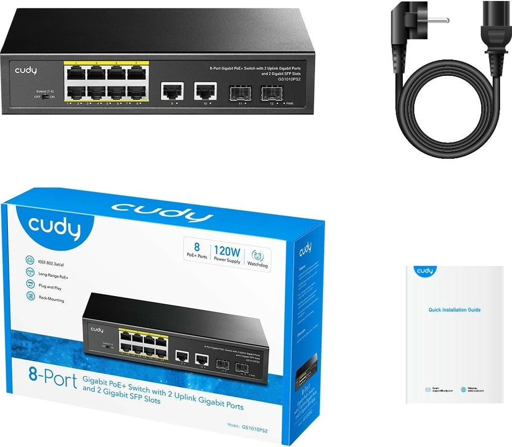 Switch PoE Gigabit, Cudy GS1010PS2, 8x PoE+ 1G, 2x uplink 1G, 2x SFP, buxhet 120W, rack/desktop