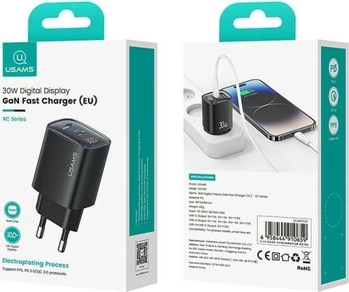 Karikues muri USAMS CC229, 30W, GaN, 1x USB + 1x USB-C, Ekran dixhital, i zi