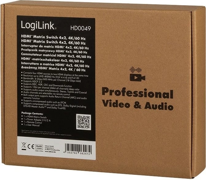 Switch LogiLink HD0049 HDMI 4x2, 4K 60Hz, me telekomandë, Zi