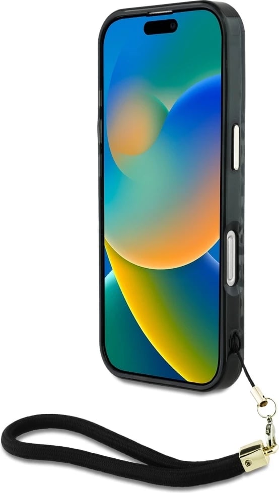 Mbështjellës Guess HC IML Leopard Triangle Cord Strap për iPhone 16, MagSafe, i zi