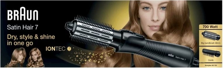 furçë me ajër të nxehtë, Braun, Satin Hair 7 AS720, e zezë