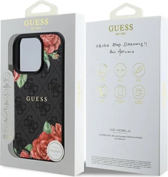 Mbështjellës Guess GUHMP16LP4ROPEMCK për iPhone 16 Pro 6.3", 4G Flowers Print MagSafe, zi
