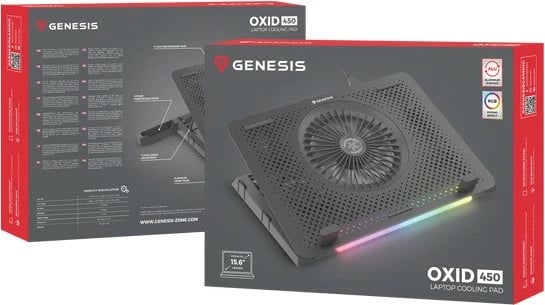 Qëndrim ftohës për laptop Natec Genesis Oxid 450 RGB, 15.6", 5 ventilatorë, USB HUB, i zi