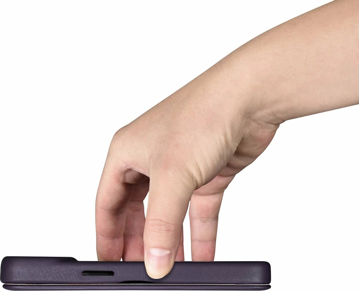 Mbështjellës iCarer CE Premium lëkurë, për iPhone 14 Plus, MagSafe, vjollcë e errët