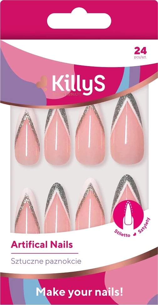 Thonj artificial KillyS Stiletto Silver Glitter French për femra 24 copë