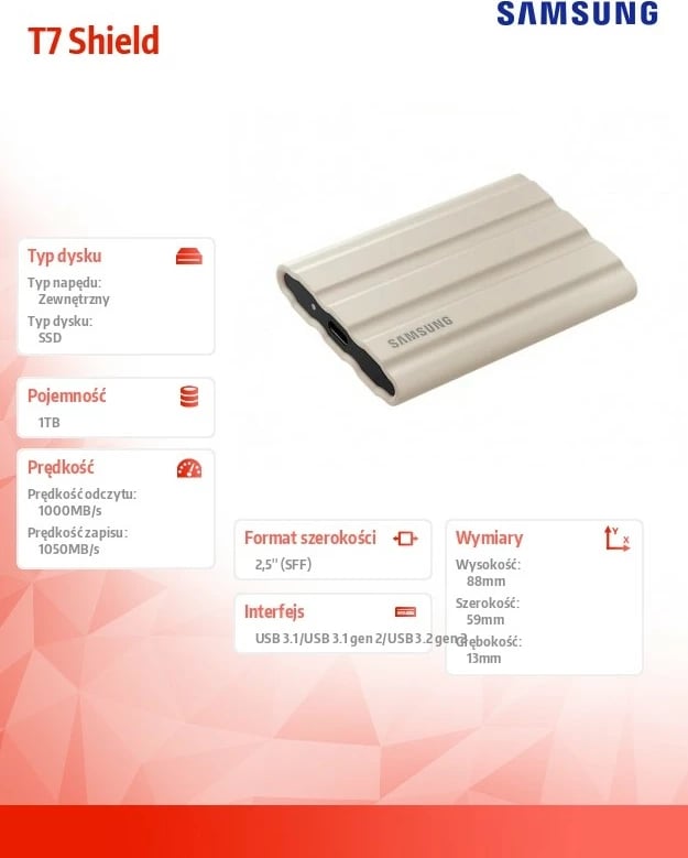 SSD i jashtëm Samsung T7 Shield 1TB, USB 3.2, Bezhë