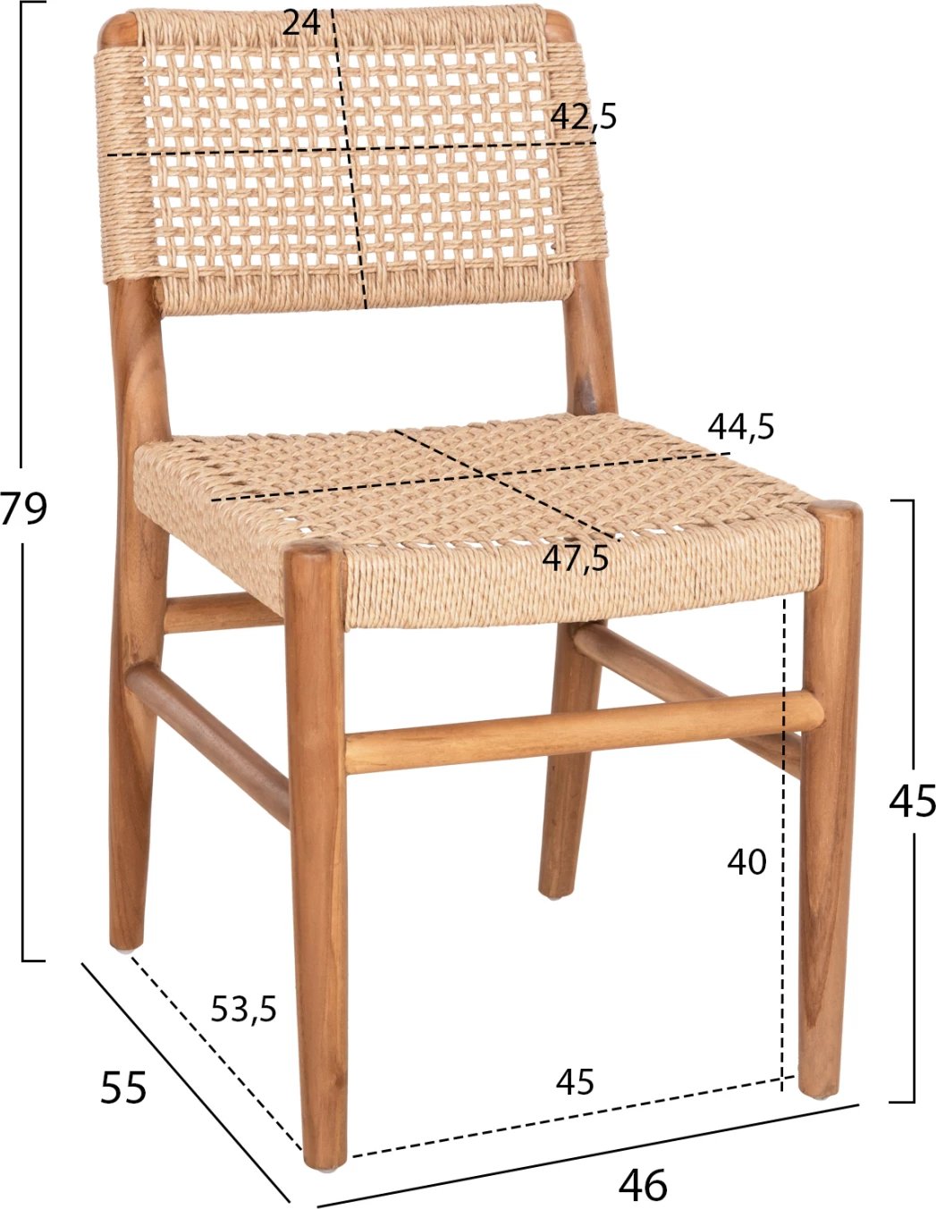 Karrige për ngrënie ROSCO FH6133 dru tik ngjyrë natyrale-VIRO litar ngjyrë bezhë 46x55x79H cm