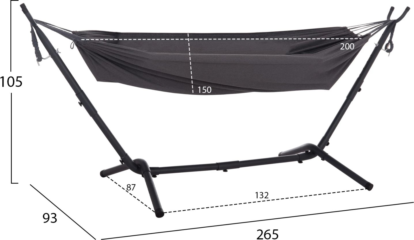 Hamake CRAVE, kornizë metalike antracit, pëlhurë gri e errët, 265x93x105cm