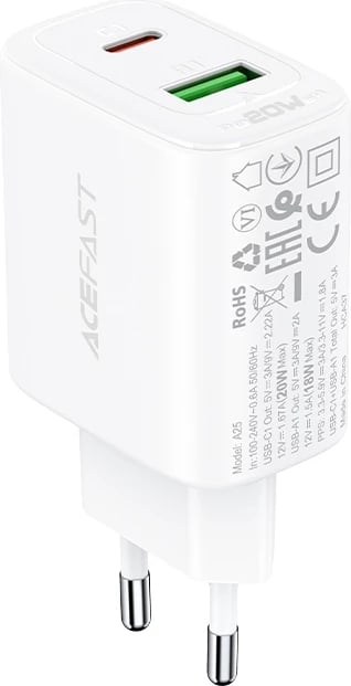 Karikues muri Acefast A25, 20W, USB-C/USB-A, i bardhë
