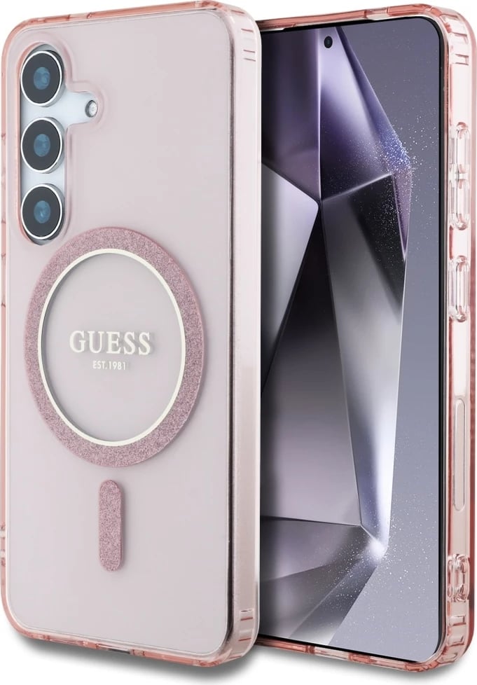 Mbështjellës Guess Glitter Circle Classic Logo MagSafe për Samsung Galaxy S25, Rozë